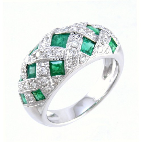 14K White Gold Emerald With Diamond Ring